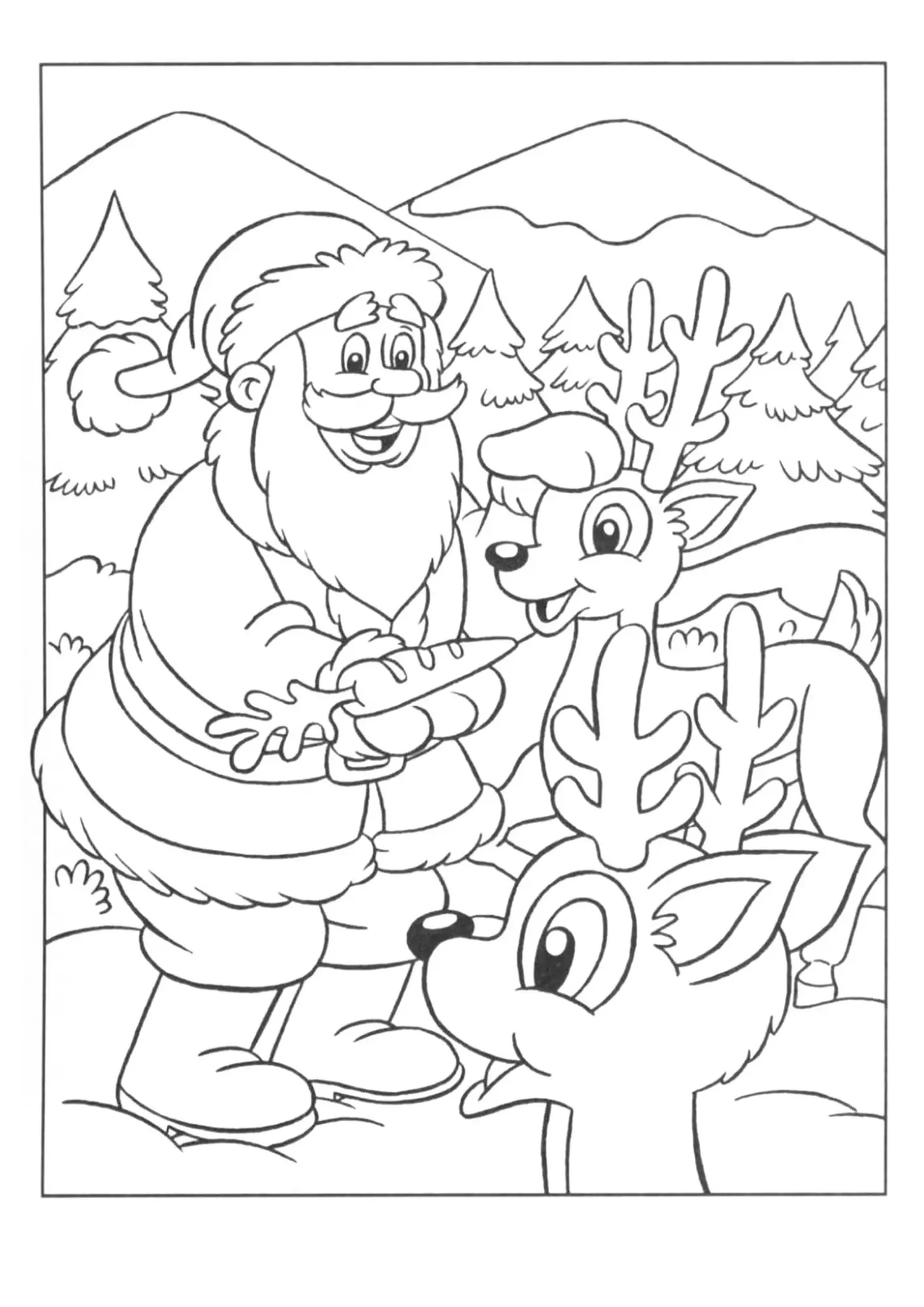 Desenho de contorno em preto e branco do Papai Noel segurando uma cenoura para uma rena, com outra rena ao lado e montanhas com pinheiros ao fundo.