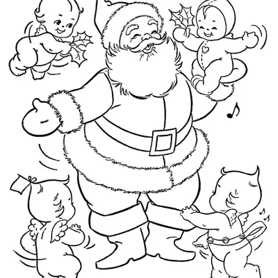 Desenho de contorno do Papai Noel sorridente no centro, rodeado por quatro anjinhos com asas pequenas, todos cantando com notas musicais ao redor.