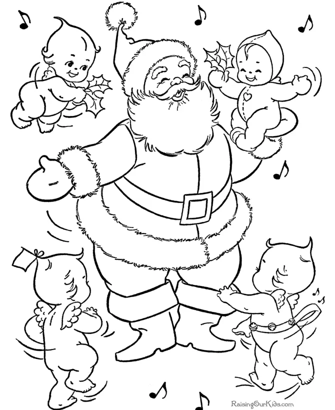 Desenho de contorno do Papai Noel sorridente no centro, rodeado por quatro anjinhos com asas pequenas, todos cantando com notas musicais ao redor.