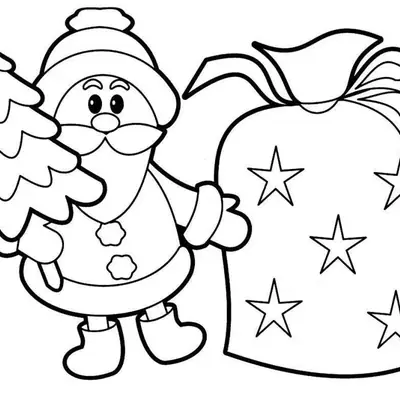 Desenho de contorno simples do Papai Noel segurando um pinheiro de Natal, posicionado ao lado de um grande saco de presentes com estampas de estrelas.