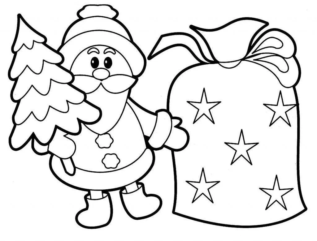 Desenho de contorno simples do Papai Noel segurando um pinheiro de Natal, posicionado ao lado de um grande saco de presentes com estampas de estrelas.