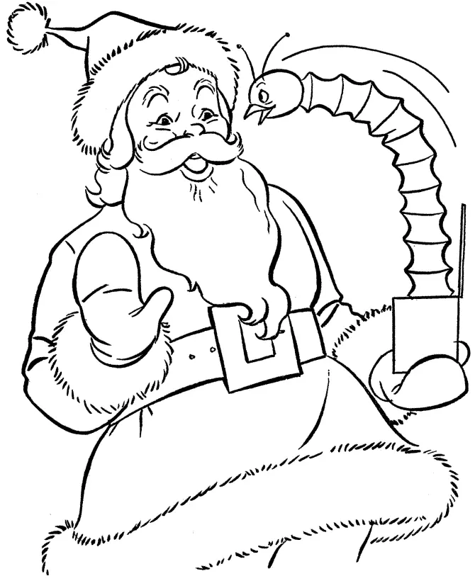 Desenho de contorno do Papai Noel segurando uma caixa de onde sai um boneco de mola comprido e sanfonado com rosto de bicho.