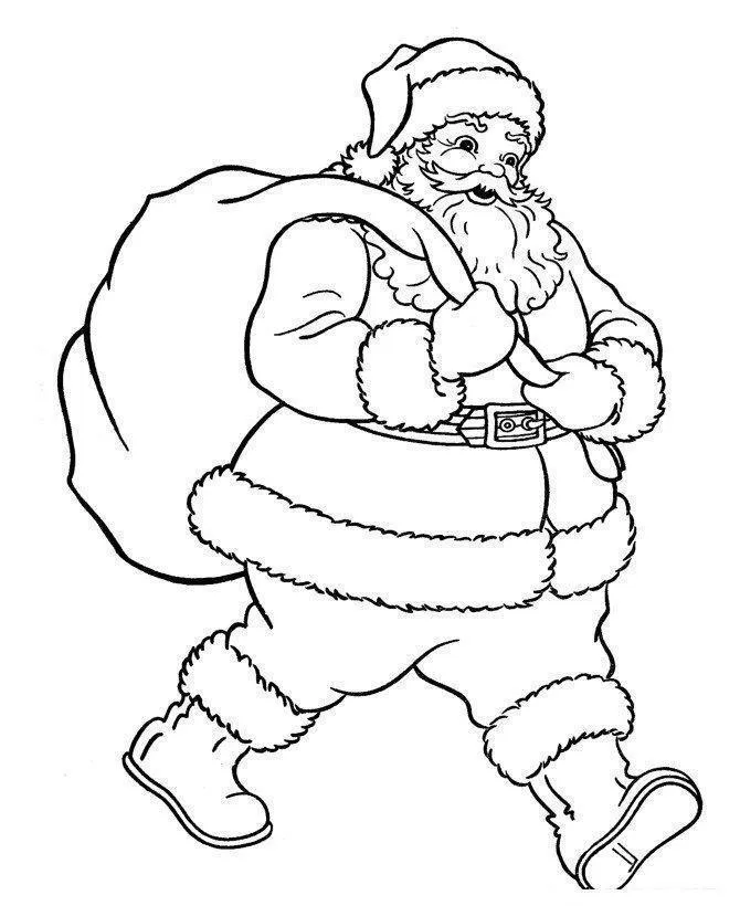 Desenho de contorno em preto e branco do Papai Noel de corpo inteiro, caminhando de perfil, carregando um grande saco de presentes nas costas.