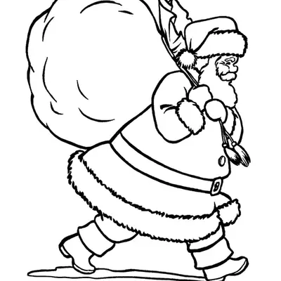 Desenho de contorno do Papai Noel de perfil, inclinado para frente enquanto carrega um saco de presentes extremamente grande nas costas.