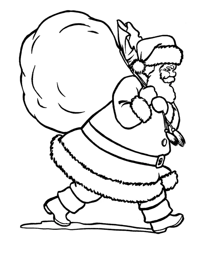 Desenho de contorno do Papai Noel de perfil, inclinado para frente enquanto carrega um saco de presentes extremamente grande nas costas.