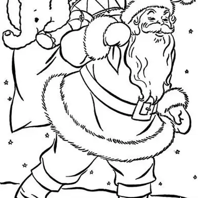 Desenho de contorno do Papai Noel de perfil, caminhando e carregando um saco de presentes nas costas com um elefante de pelúcia aparecendo, sob um céu estrelado.