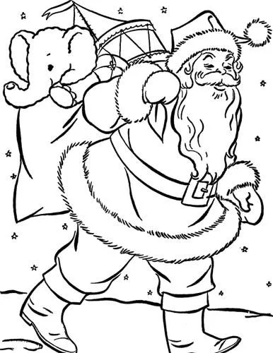 Desenho de contorno do Papai Noel de perfil, caminhando e carregando um saco de presentes nas costas com um elefante de pelúcia aparecendo, sob um céu estrelado.