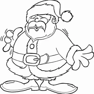 Desenho de contorno do Papai Noel de corpo inteiro, em pé, com as mãos abertas, destacando o cinto largo e as botas de neve.