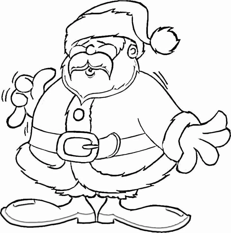 Desenho de contorno do Papai Noel de corpo inteiro, em pé, com as mãos abertas, destacando o cinto largo e as botas de neve.