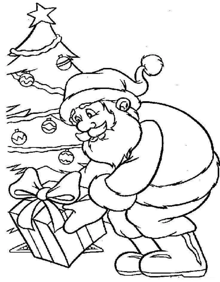 Desenho de contorno do Papai Noel agachado segurando uma caixa de presente com laço grande, ao lado de uma árvore de Natal com bolas e uma estrela no topo.