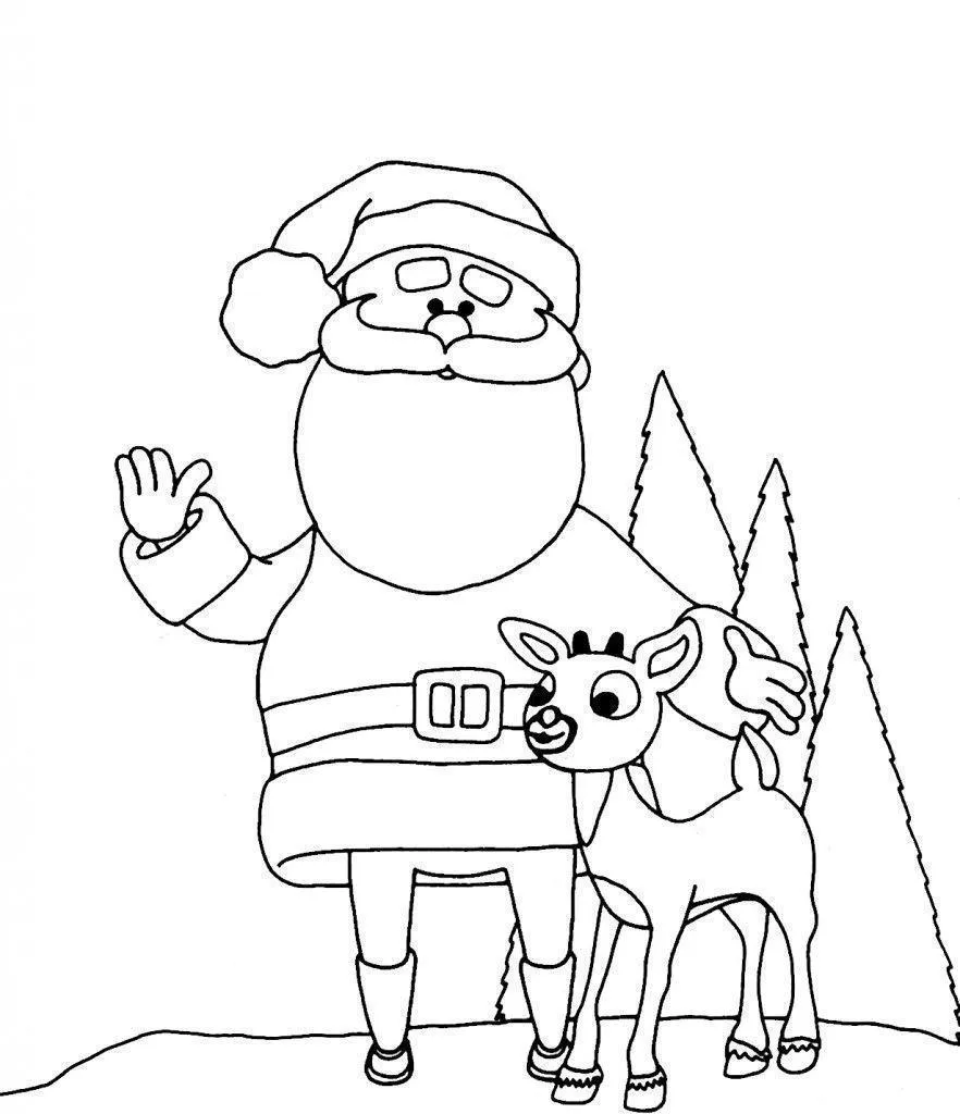 Desenho de contorno simples do Papai Noel acenando com uma mão e acariciando uma pequena rena com a outra, com três pinheiros ao fundo.