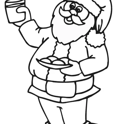 Desenho de contorno do Papai Noel em pé, segurando um copo de leite em uma mão e um prato com biscoitos na outra.