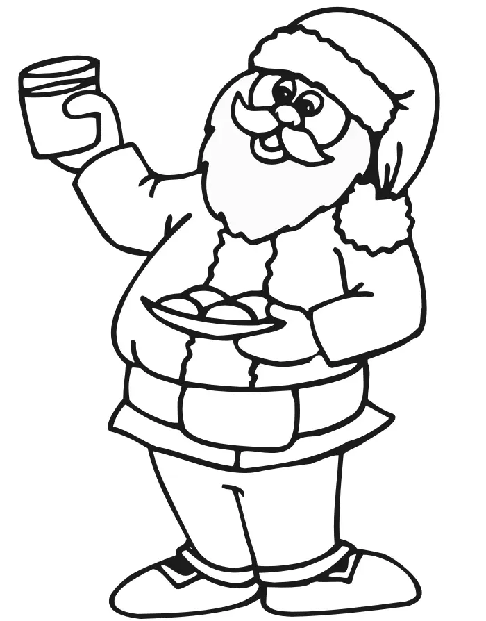 Desenho de contorno do Papai Noel em pé, segurando um copo de leite em uma mão e um prato com biscoitos na outra.