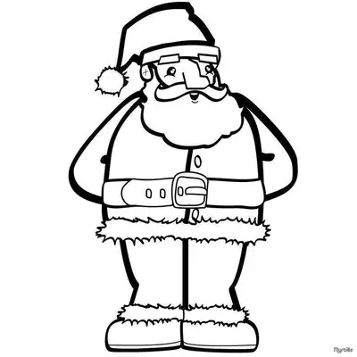 Desenho de contorno do Papai Noel de pé, com as mãos na cintura, usando gorro, barba farta e um cinto com fivela grande.