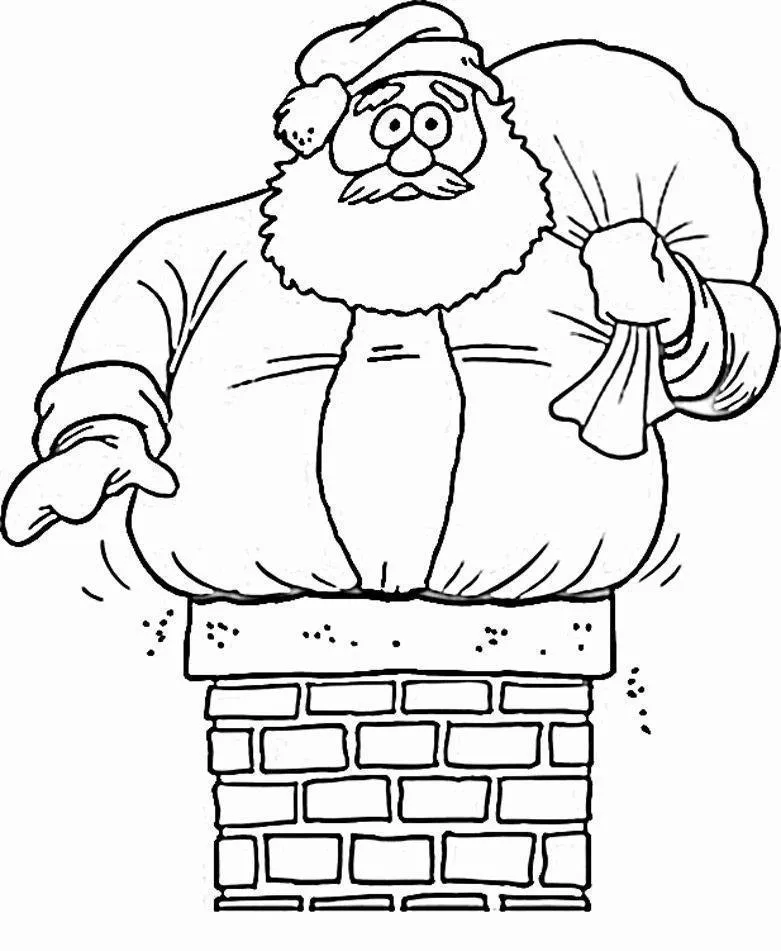 Desenho de contorno do Papai Noel de corpo inteiro, com as pernas entrando em uma chaminé de tijolos, segurando seu saco de presentes nas costas.