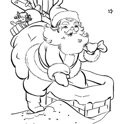 Desenho de contorno do Papai Noel de perfil, com um pé dentro de uma chaminé com neve, carregando um saco de presentes onde aparecem uma boneca, um avião e uma corneta.