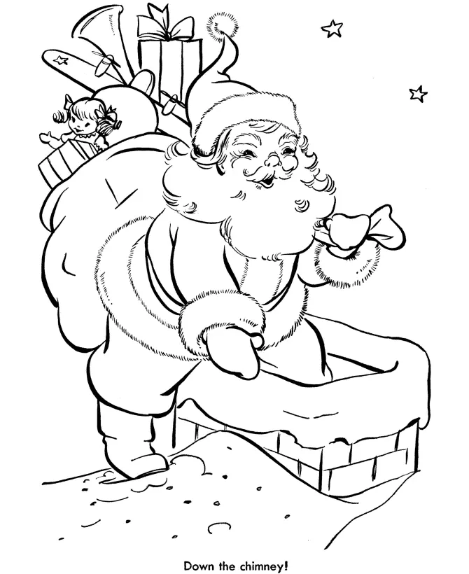 Desenho de contorno do Papai Noel de perfil, com um pé dentro de uma chaminé com neve, carregando um saco de presentes onde aparecem uma boneca, um avião e uma corneta.