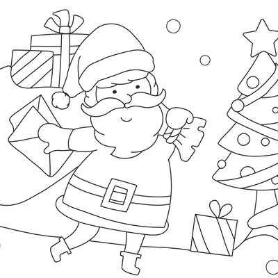 Desenho de contorno do Papai Noel segurando uma carta e carregando um saco de presentes, com uma árvore de Natal decorada e neve ao fundo.