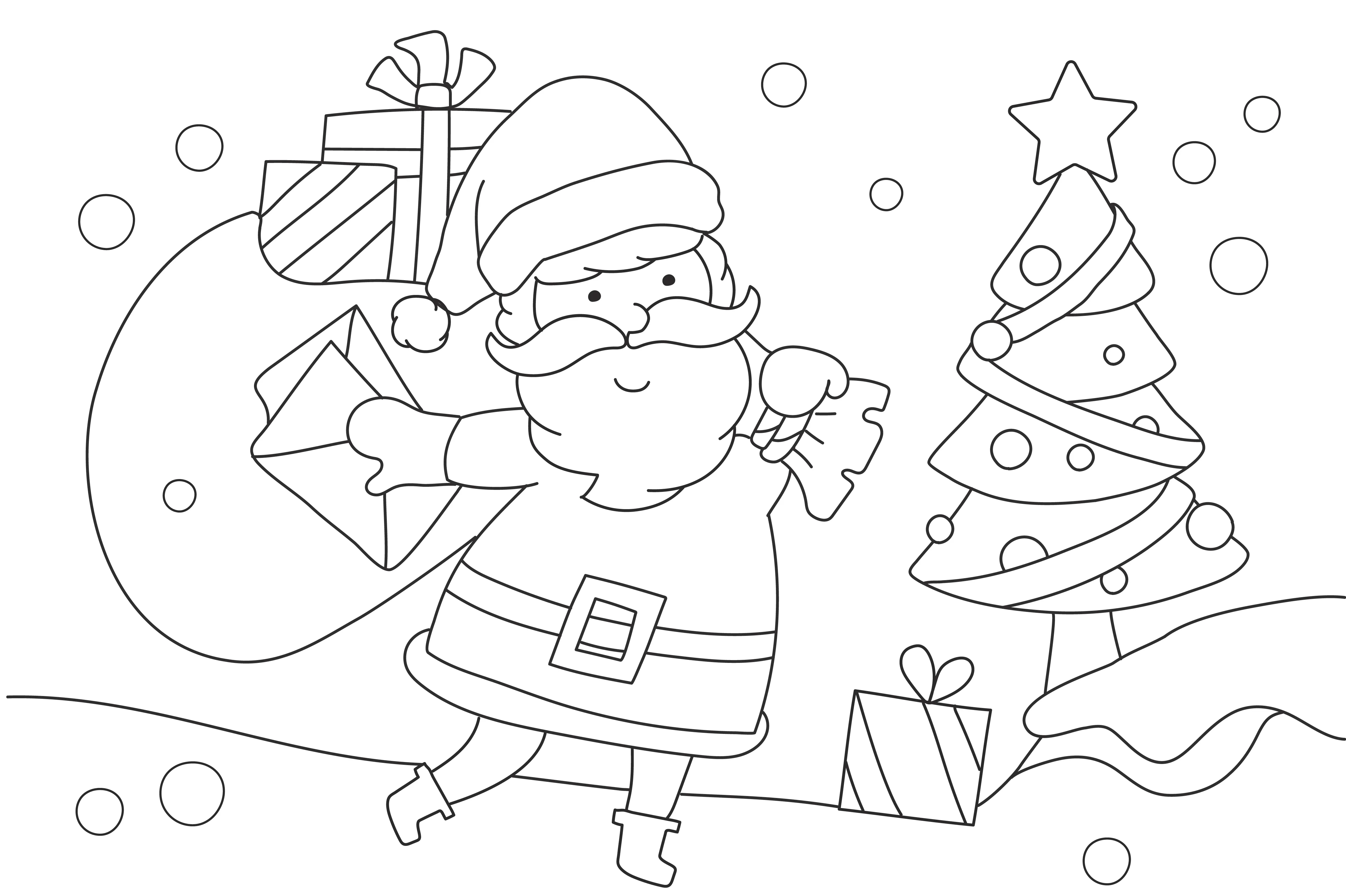 Desenho de contorno do Papai Noel segurando uma carta e carregando um saco de presentes, com uma árvore de Natal decorada e neve ao fundo.