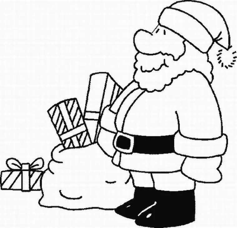 Desenho de contorno em estilo cartoon do Papai Noel de perfil, em pé ao lado de um saco cheio e vários pacotes de presentes empilhados.