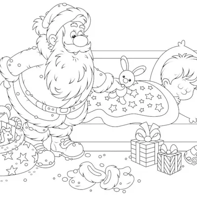 Desenho de contorno do Papai Noel em pé ao lado de um sofá onde uma criança dorme, colocando um coelhinho de pelúcia sobre a coberta estrelada.