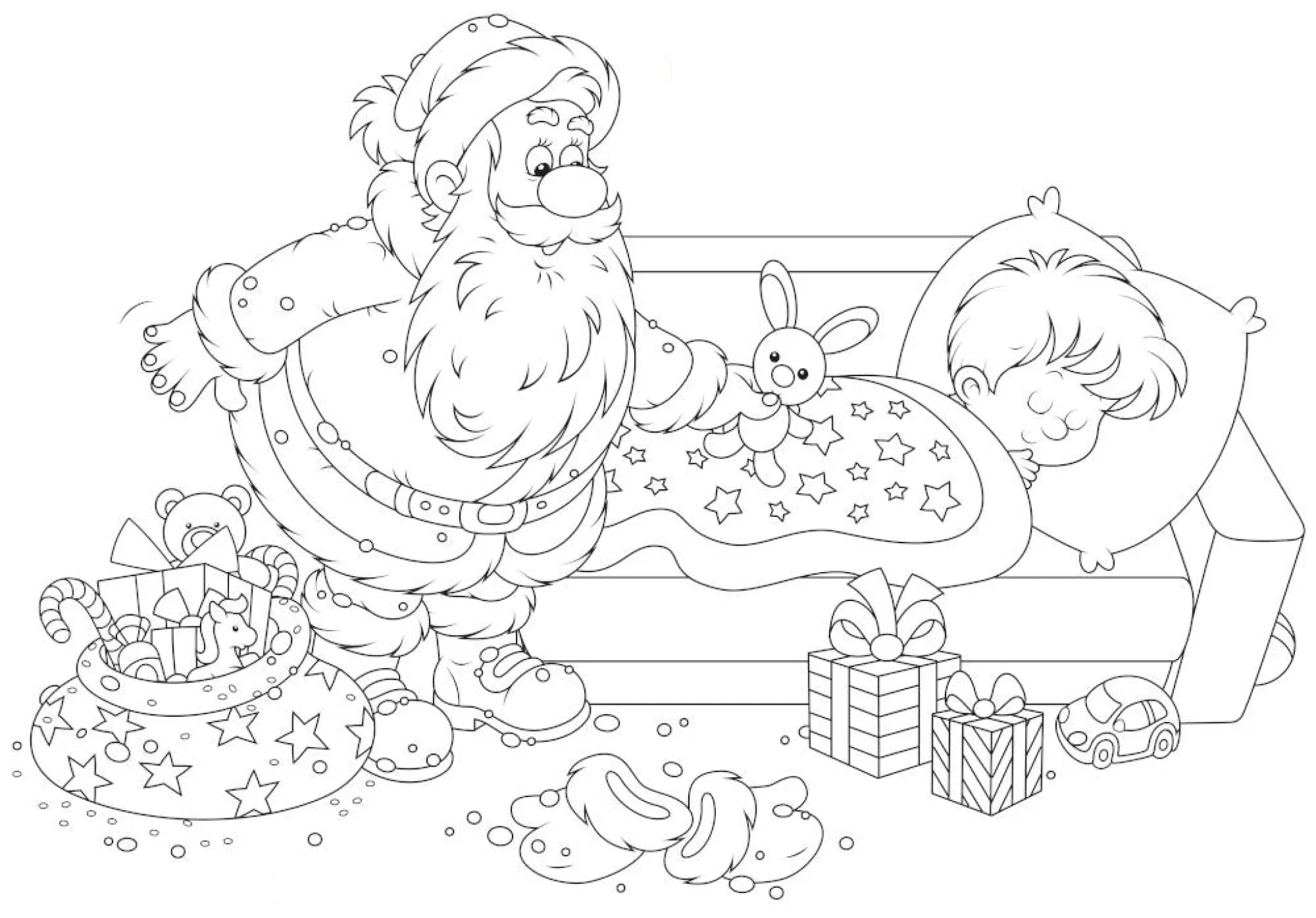 Desenho de contorno do Papai Noel em pé ao lado de um sofá onde uma criança dorme, colocando um coelhinho de pelúcia sobre a coberta estrelada.