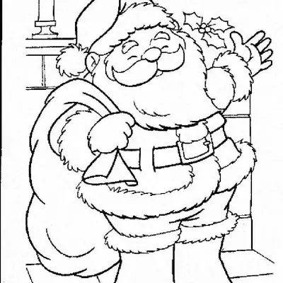 Desenho de contorno do Papai Noel segurando um saco de presentes e um ramo de azevinho, em pé na frente de uma lareira com uma vela acesa.