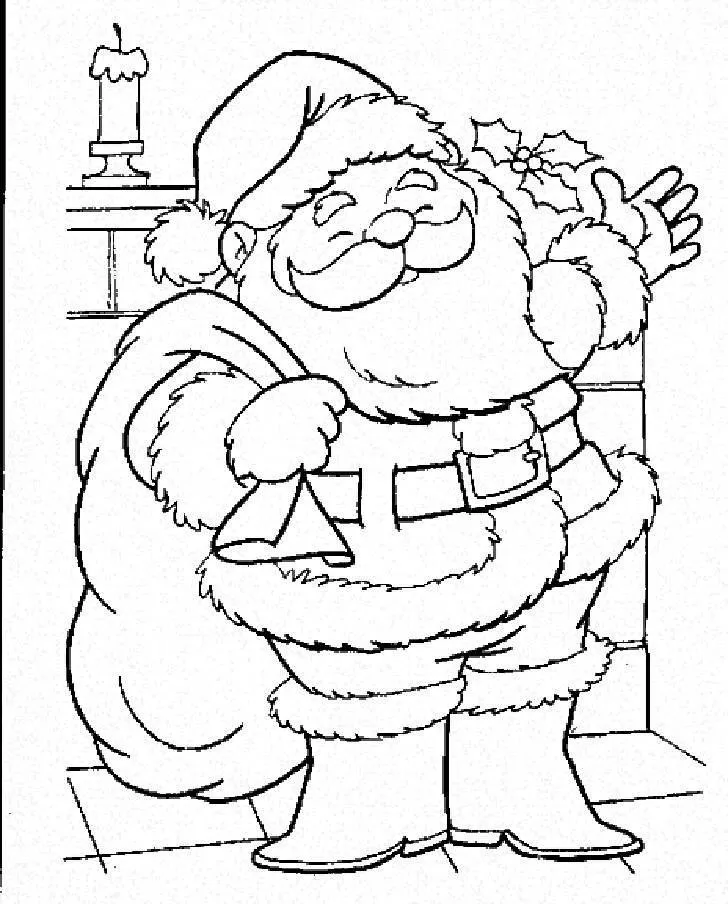 Desenho de contorno do Papai Noel segurando um saco de presentes e um ramo de azevinho, em pé na frente de uma lareira com uma vela acesa.