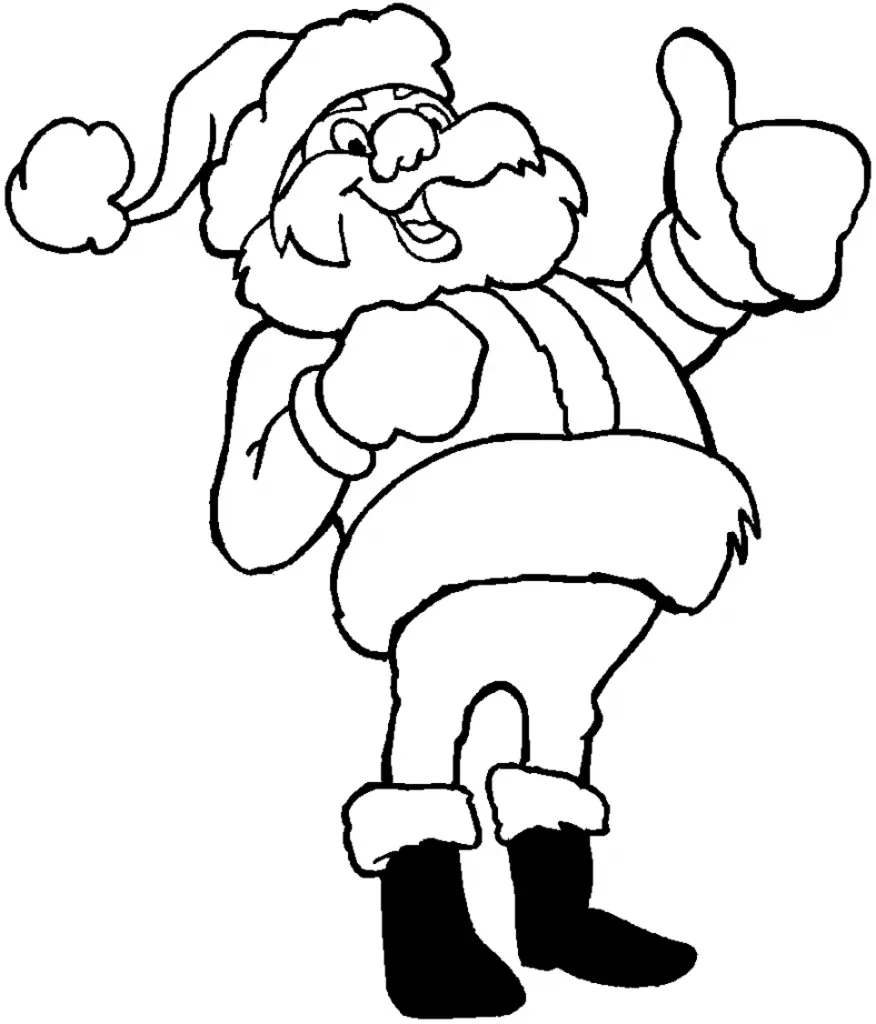 Desenho de contorno do Papai Noel de corpo inteiro, sorrindo e levantando o polegar em sinal de positivo, com luvas e botas detalhadas.