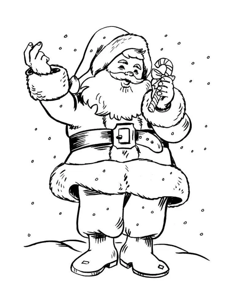 Desenho de contorno do Papai Noel em pé na neve, com um braço levantado e segurando uma bengala doce com laço na outra mão, sob flocos de neve caindo.