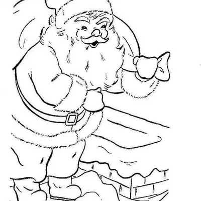 Desenho de contorno do Papai Noel de corpo inteiro, inclinado para frente enquanto carrega um saco de presentes nas costas, caminhando sobre um telhado nevado próximo a uma chaminé.