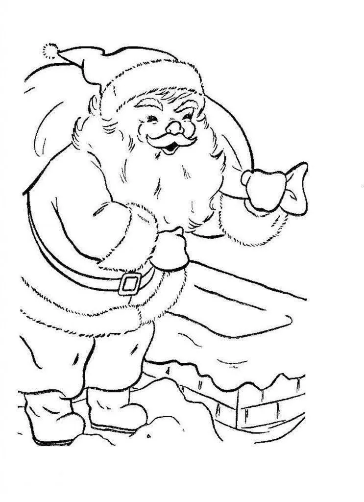 Desenho de contorno do Papai Noel de corpo inteiro, inclinado para frente enquanto carrega um saco de presentes nas costas, caminhando sobre um telhado nevado próximo a uma chaminé.