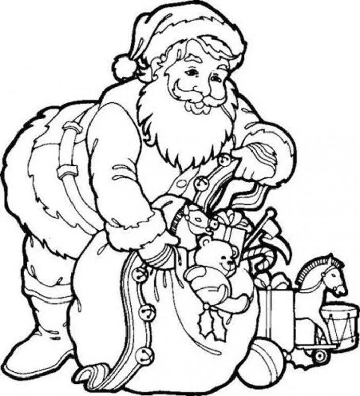 Desenho de contorno do Papai Noel inclinado sobre um grande saco decorado com sinos, cercado por um ursinho de pelúcia, cavalo de balanço, tambor e caixas de presente.