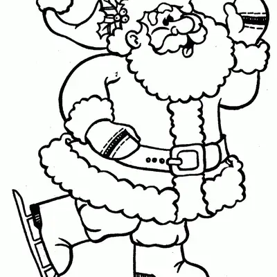 Desenho de contorno do Papai Noel usando patins de gelo, com uma perna levantada e um braço para cima, decorado com uma folha de azevinho no gorro.