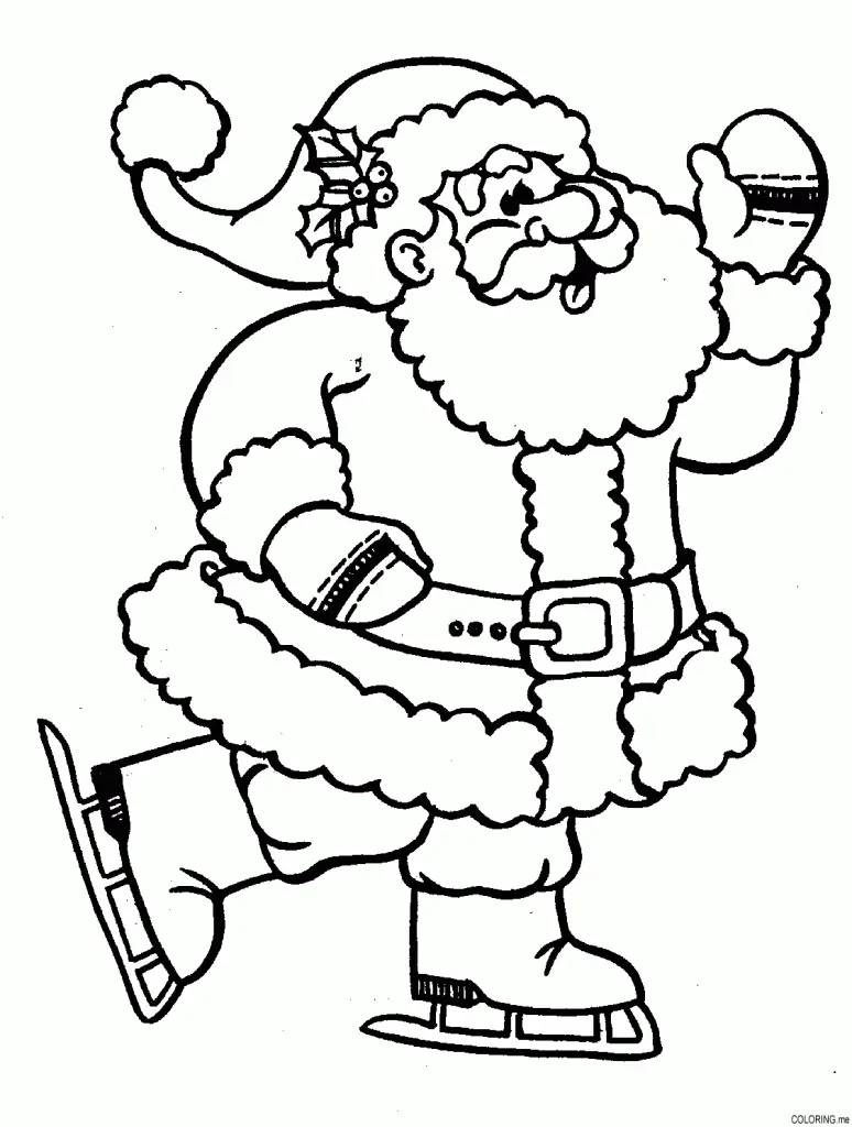 Desenho de contorno do Papai Noel usando patins de gelo, com uma perna levantada e um braço para cima, decorado com uma folha de azevinho no gorro.