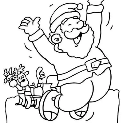 Ilustração de contorno do Papai Noel saltando no ar com os braços abertos, sorrindo, com duas renas pequenas e um sino ao fundo.