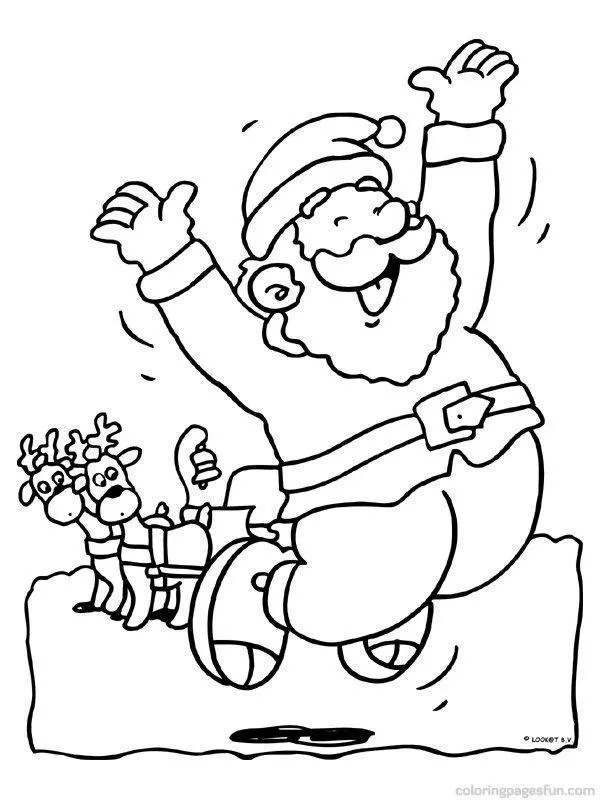 Ilustração de contorno do Papai Noel saltando no ar com os braços abertos, sorrindo, com duas renas pequenas e um sino ao fundo.