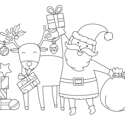 Desenho de contorno do Papai Noel segurando um presente no alto e um saco de brinquedos, ao lado de uma rena com bolas de Natal e azevinho nos chifres.