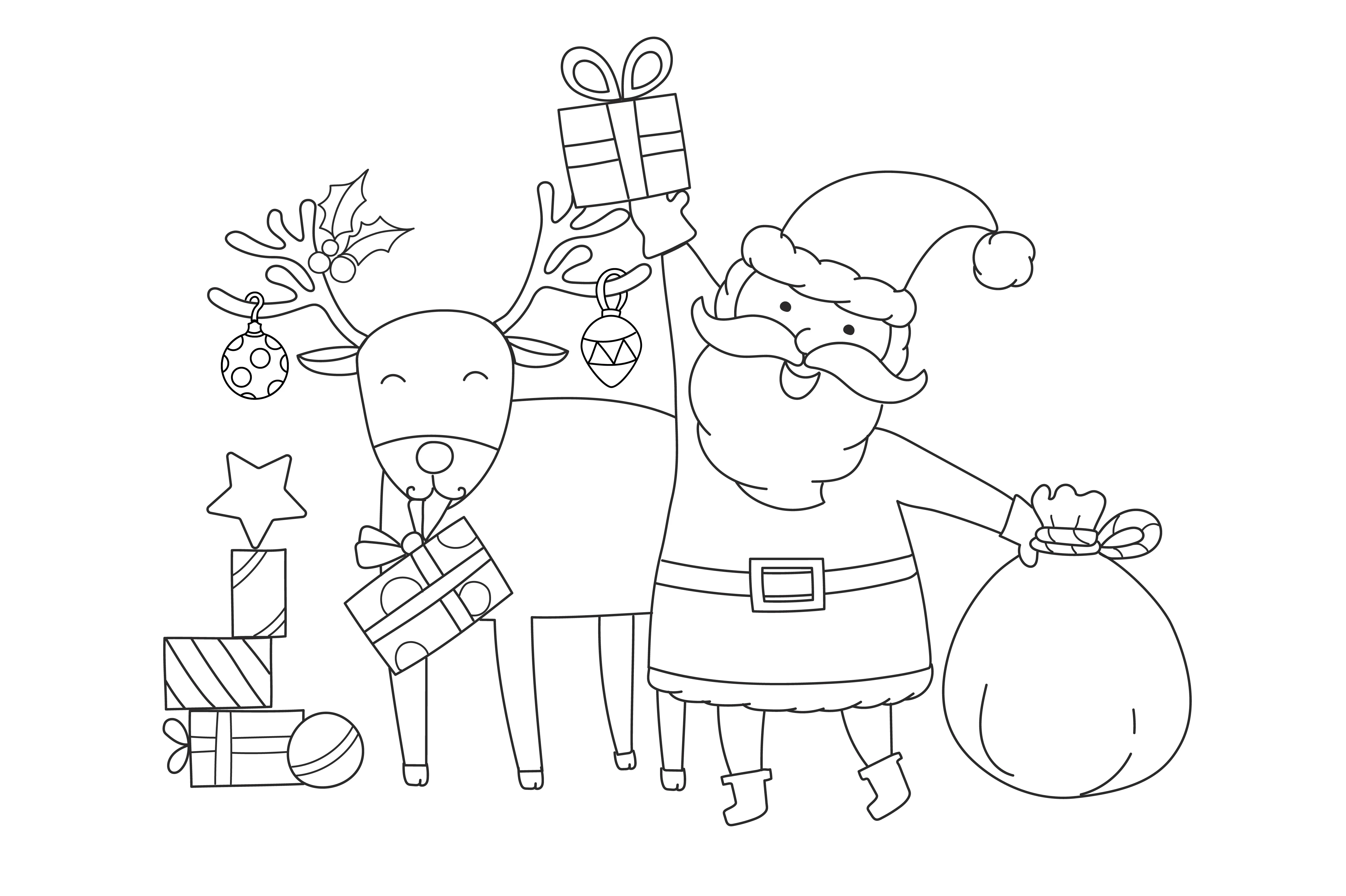 Desenho de contorno do Papai Noel segurando um presente no alto e um saco de brinquedos, ao lado de uma rena com bolas de Natal e azevinho nos chifres.
