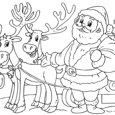 Desenho de contorno do Papai Noel segurando um saco de presentes, em pé ao lado de três renas amigáveis com arreios de sinos.