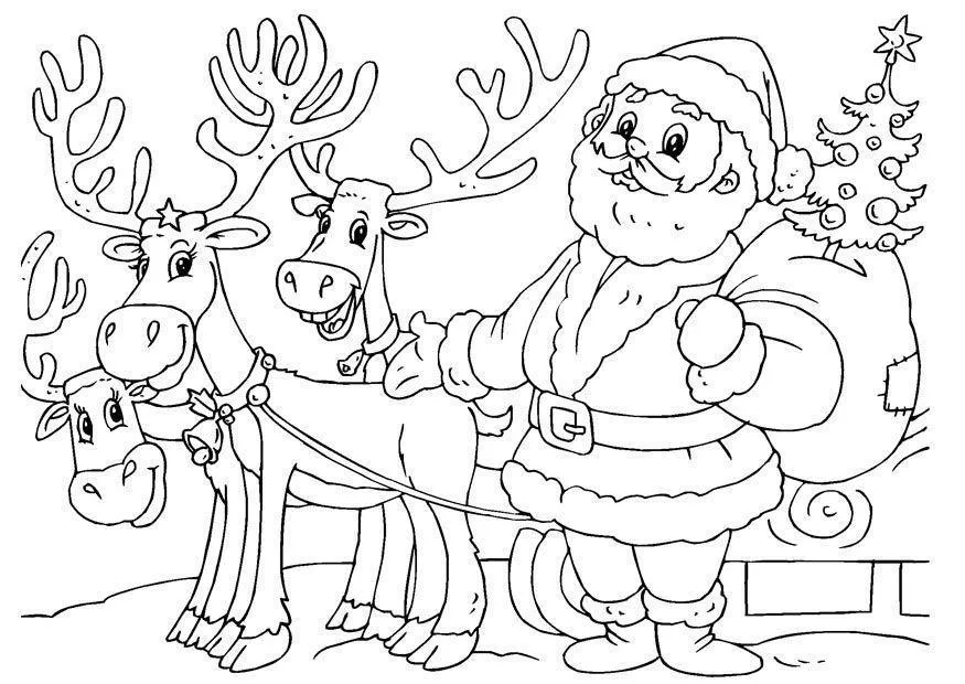 Desenho de contorno do Papai Noel segurando um saco de presentes, em pé ao lado de três renas amigáveis com arreios de sinos.