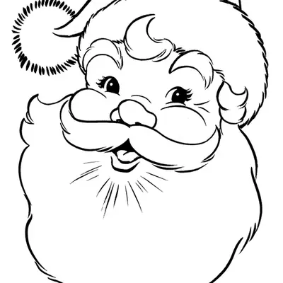 Desenho de contorno do rosto do Papai Noel em close, com olhos grandes e expressivos, bochechas redondas, bigode e barba farta.