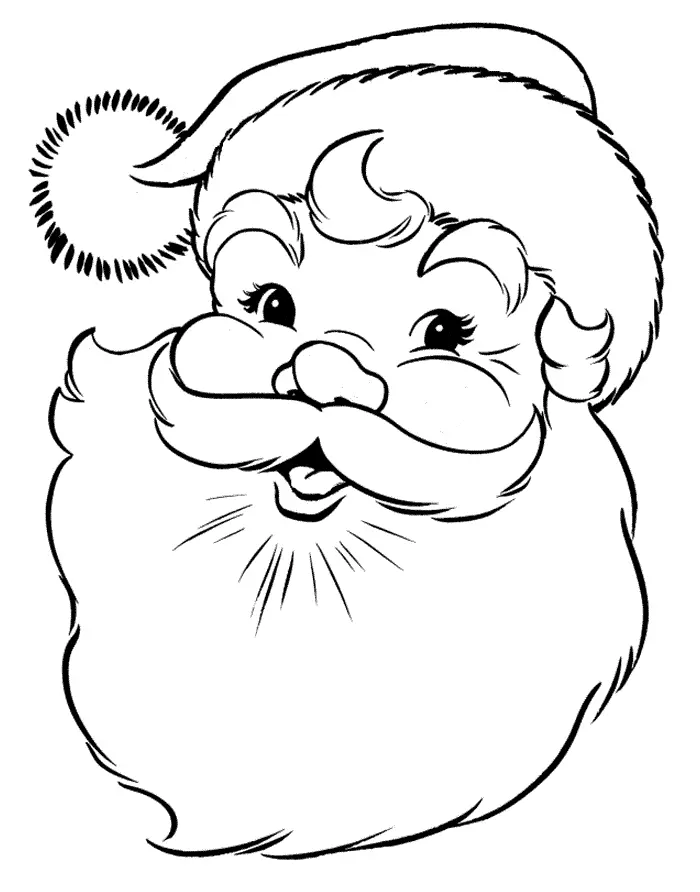 Desenho de contorno do rosto do Papai Noel em close, com olhos grandes e expressivos, bochechas redondas, bigode e barba farta.