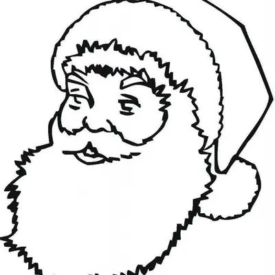 Desenho de contorno em preto e branco do rosto do Papai Noel de perfil parcial, sorrindo, com barba farta e gorro de Natal.