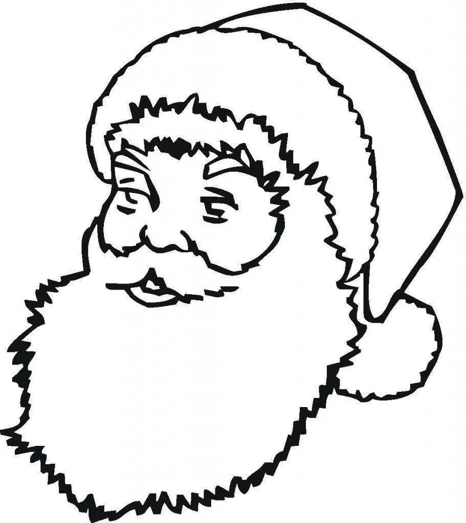 Desenho de contorno em preto e branco do rosto do Papai Noel de perfil parcial, sorrindo, com barba farta e gorro de Natal.