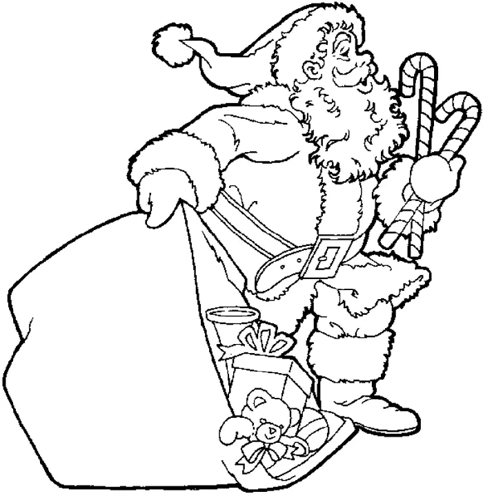 Desenho de contorno do Papai Noel de perfil, segurando duas bengalas doces e puxando um saco de presentes com um ursinho e uma corneta aparecendo.