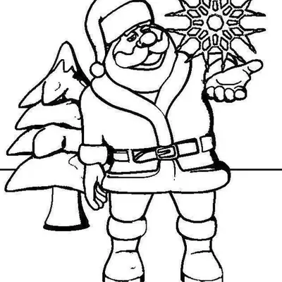 Desenho de contorno do Papai Noel em pé, segurando um grande floco de neve geométrico na palma da mão esquerda, com um pinheiro de Natal ao fundo.