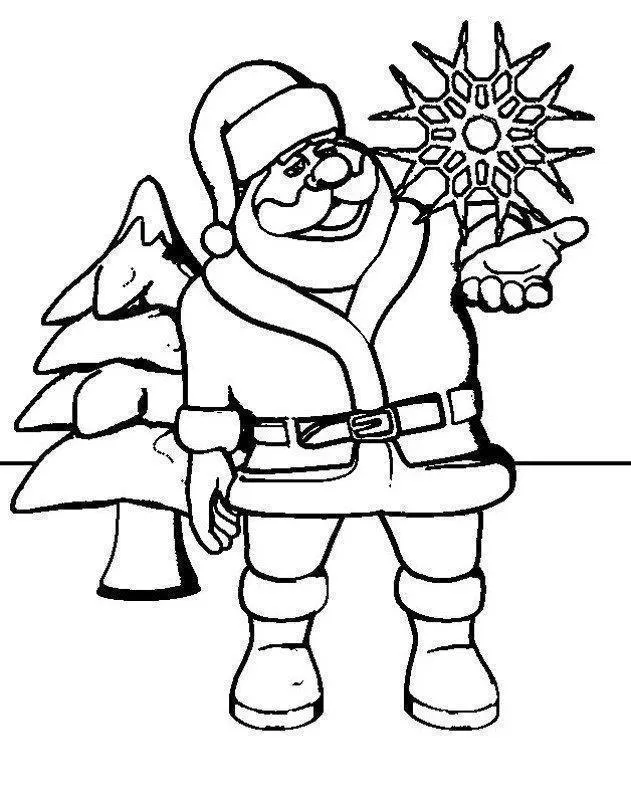 Desenho de contorno do Papai Noel em pé, segurando um grande floco de neve geométrico na palma da mão esquerda, com um pinheiro de Natal ao fundo.