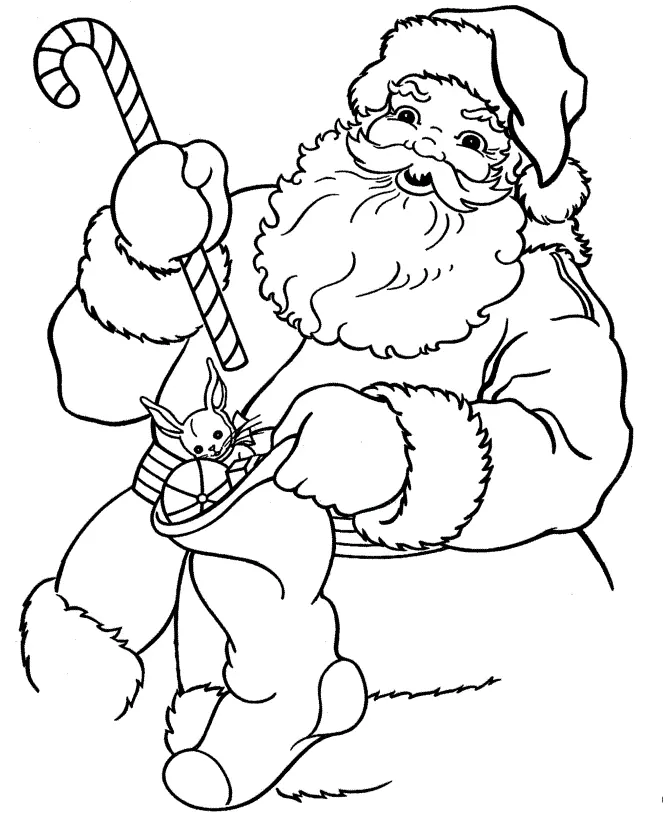 Desenho de contorno do Papai Noel sentado, segurando uma bengala doce listrada e mexendo em uma meia de Natal com um coelhinho de brinquedo dentro.