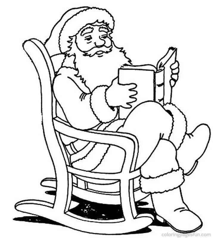 Desenho de contorno do Papai Noel sentado em uma cadeira de balanço de madeira, segurando um livro aberto e usando suas botas de inverno.